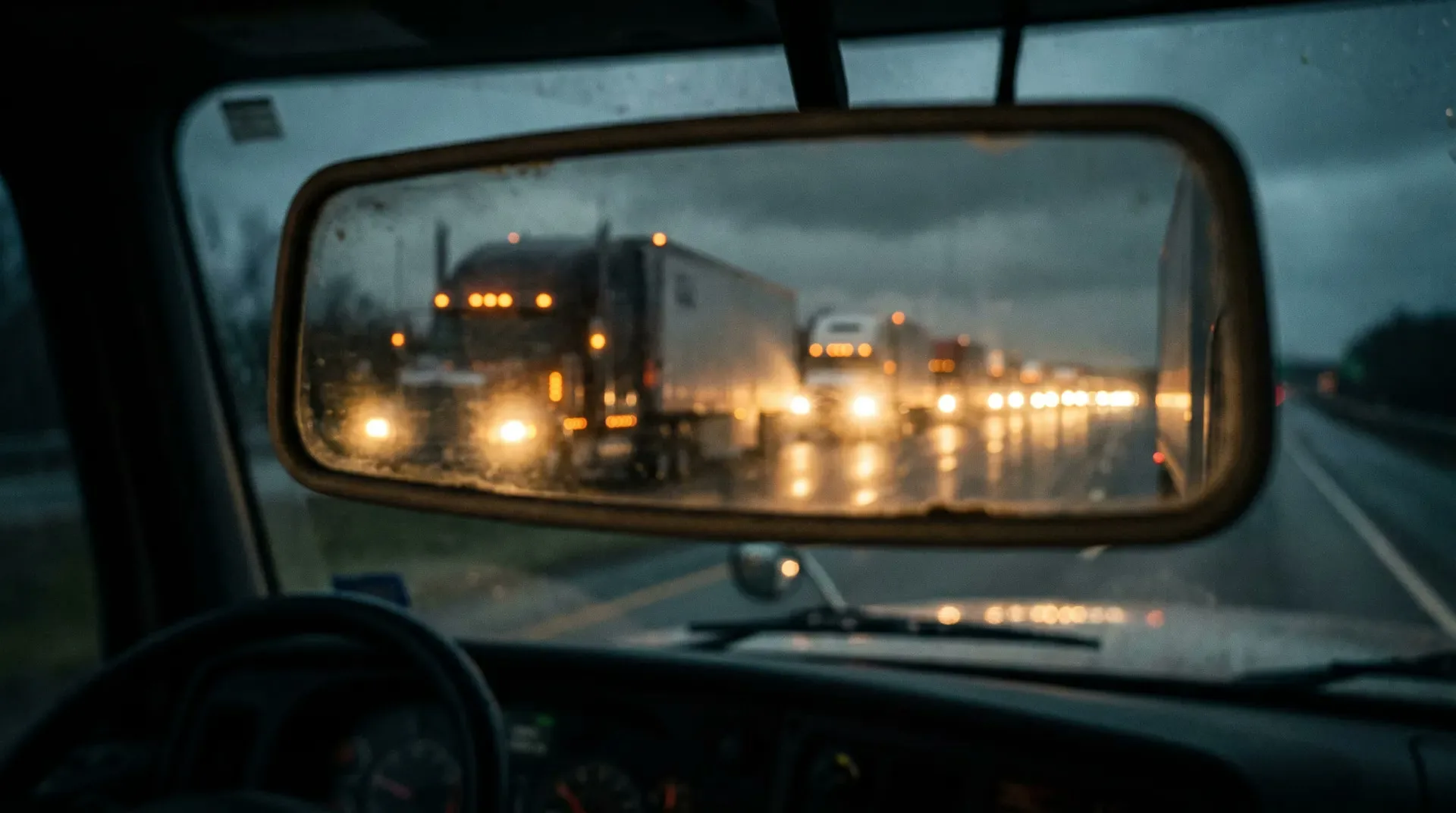 Headlights of a convoy in the rearview mirror on a night highway