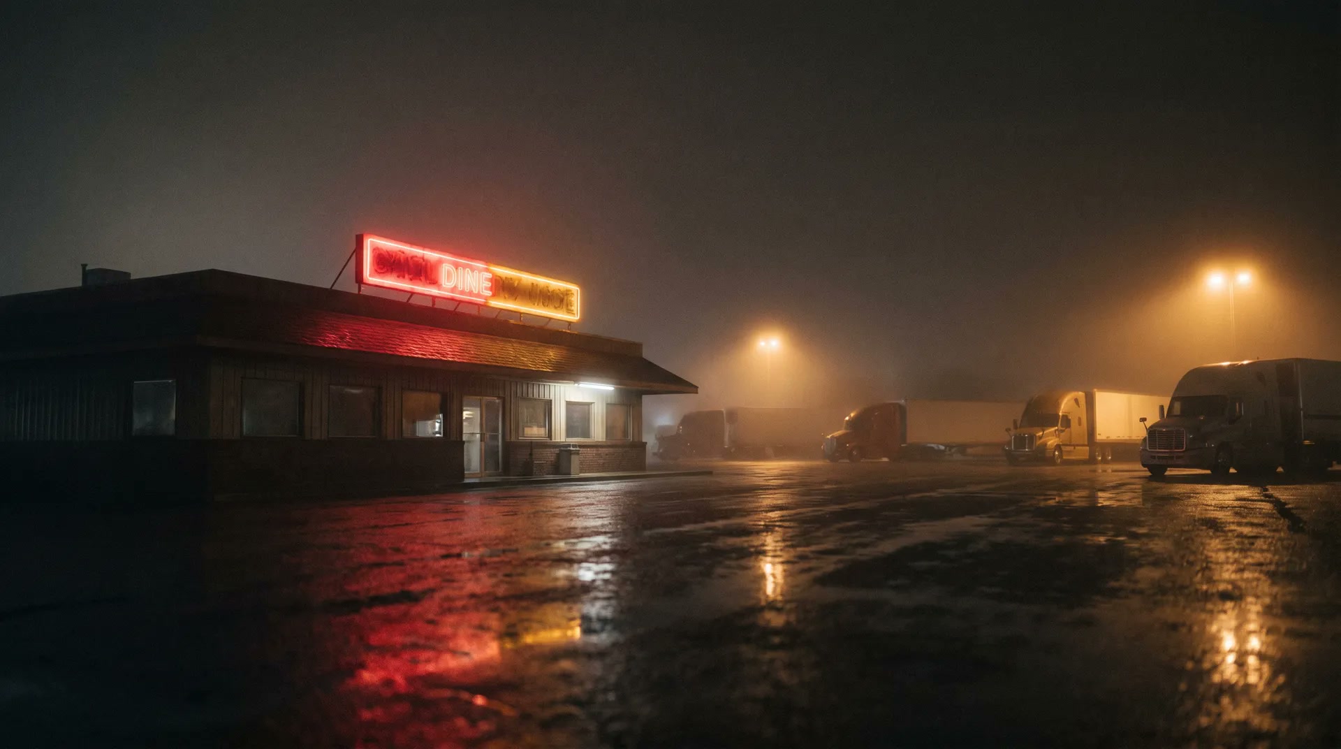 A lone diner glowing at night off a dark highway, neon sign lit against the fog