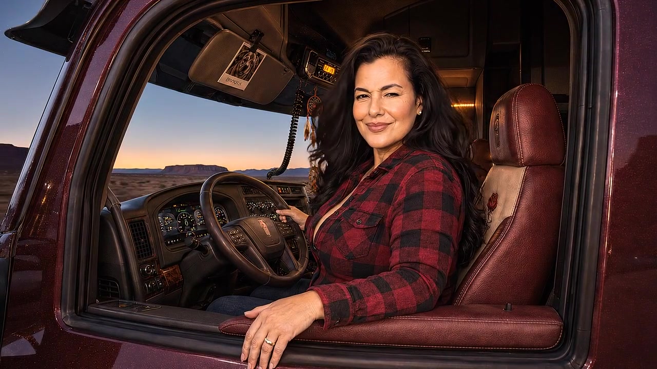 Joann Marie in the driver's seat of Rosalinda at dusk, arm resting on the open window, desert highway behind her