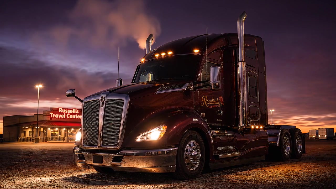 Rosalinda, a wine-red 2019 Kenworth T680, headlights on at a truck stop under a purple sunset