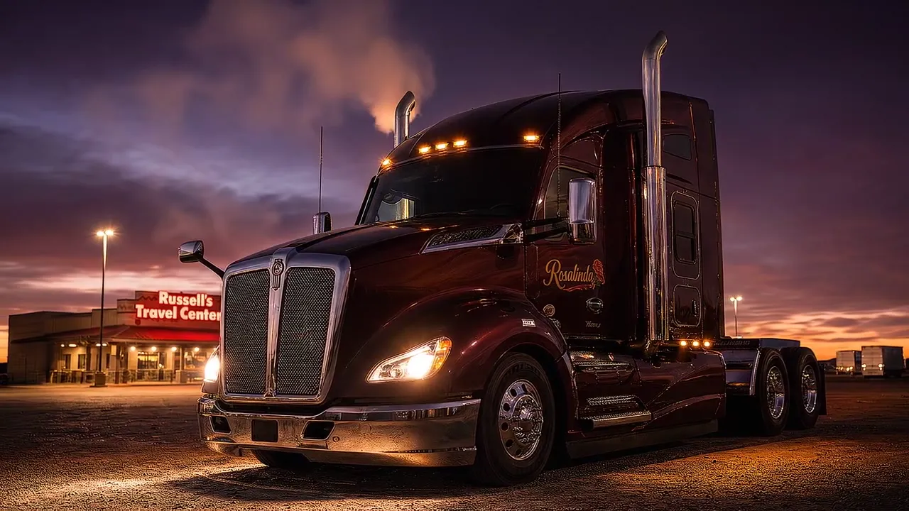 Rosalinda, a deep burgundy Kenworth T680, under the last evening light