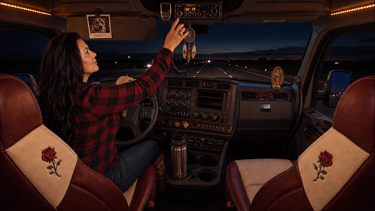 Inside Rosalinda at night: burgundy and cream seats with rose embroidery, dashboard lit warm
